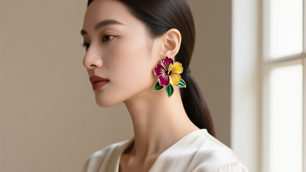 Side profile of a model wearing 30mm enamel hibiscus studs, showing how a flat back prevents the heavy flower from drooping