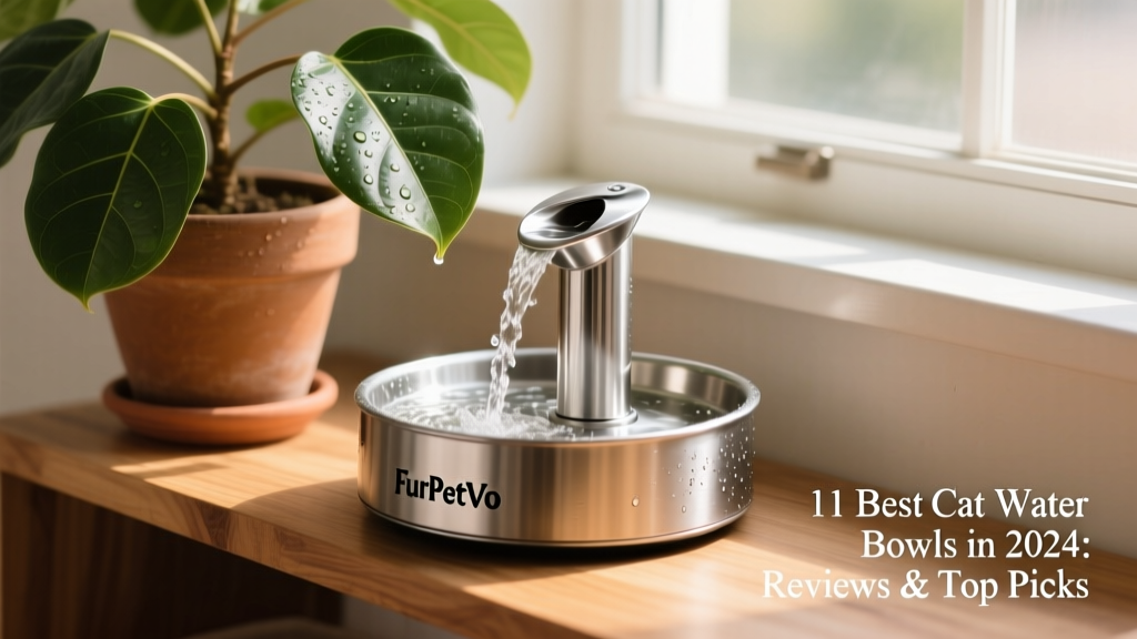 FurPetVo stainless steel fountain with gentle water flow, placed beside a potted plant on a sunlit shelf