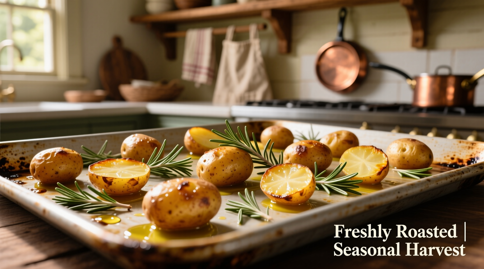 Golden roasted fingerling potatoes with rosemary on baking sheet