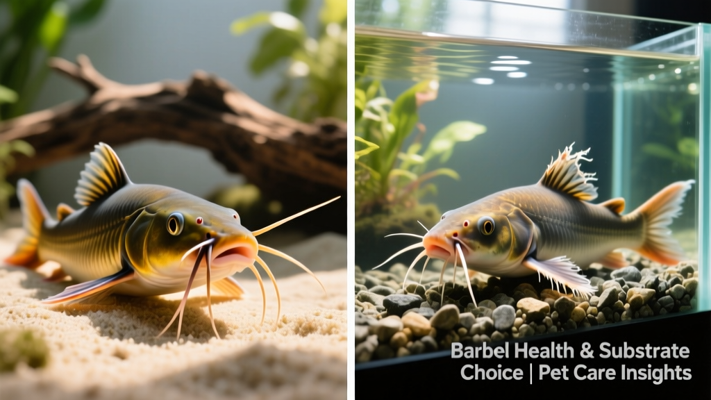 Side-by-side comparison showing healthy vs. injured barbels on a catfish, highlighting how substrate choice impacts barbel integrity