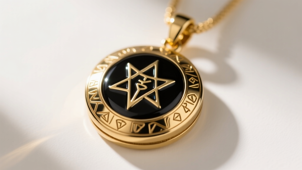 Macro photography of a gold-plated Sith holocron pendant showing intricate PVD coating and deep black vitreous enamel inlays