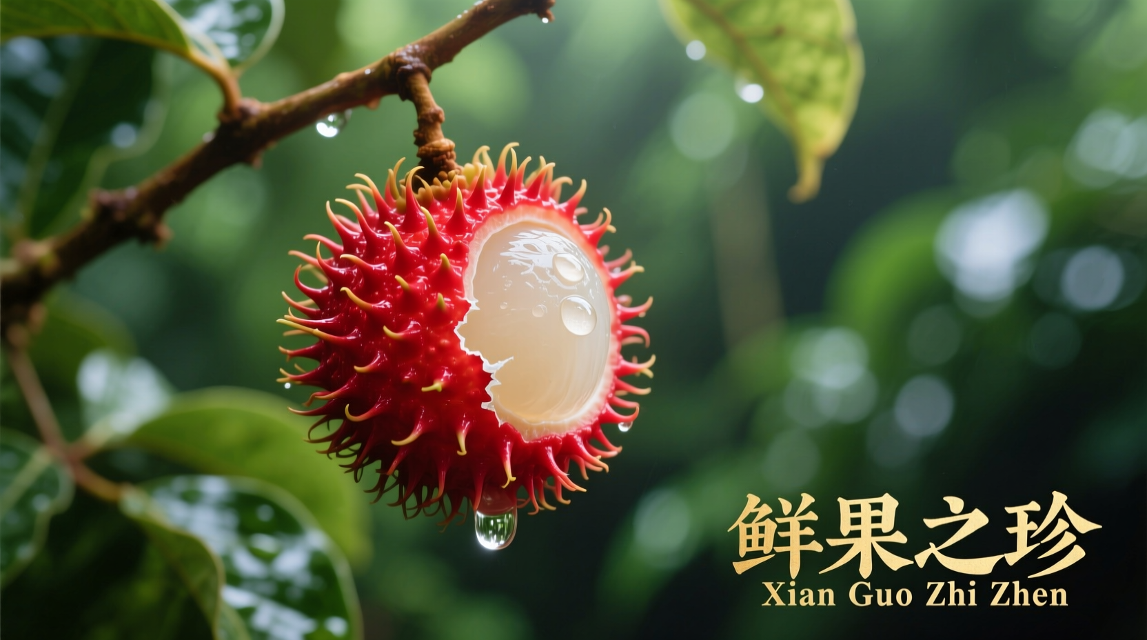 Ripe rambutan fruit with spiky red exterior