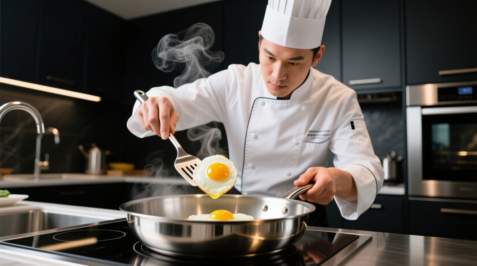 Professional chef cooking eggs in stainless steel pan