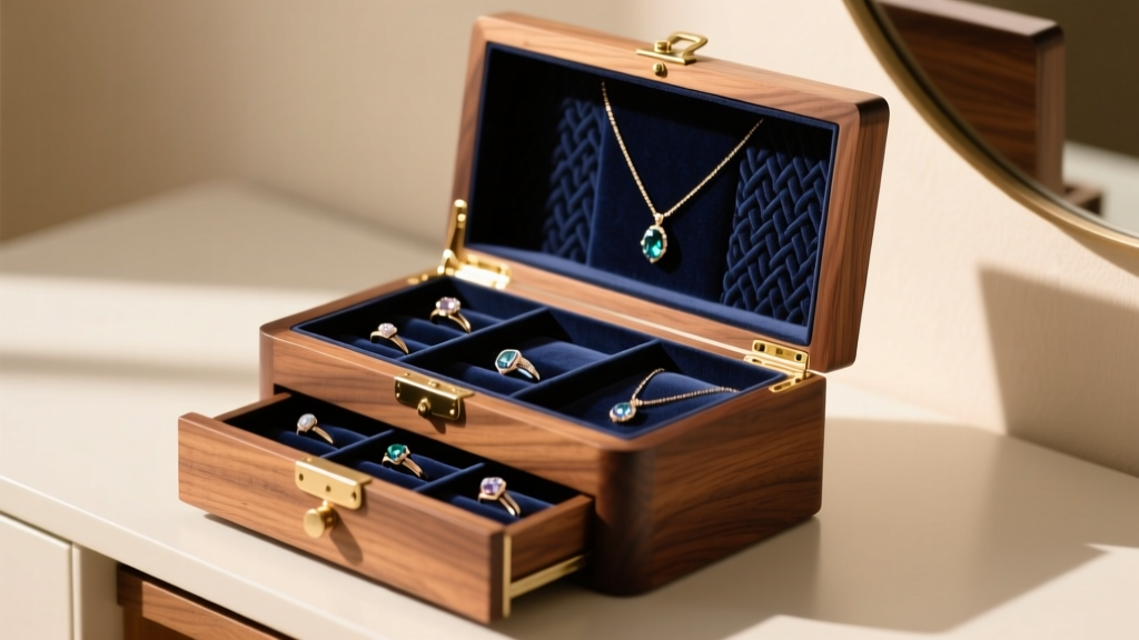 Warmly lit vanity displaying a walnut jewelry box with drawers open, revealing velvet-lined compartments for rings and necklaces
