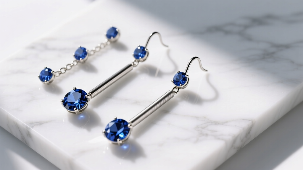 Overhead view of 18-gauge titanium drop chain earrings with sapphire terminals on white marble, lit by bright diffused daylight