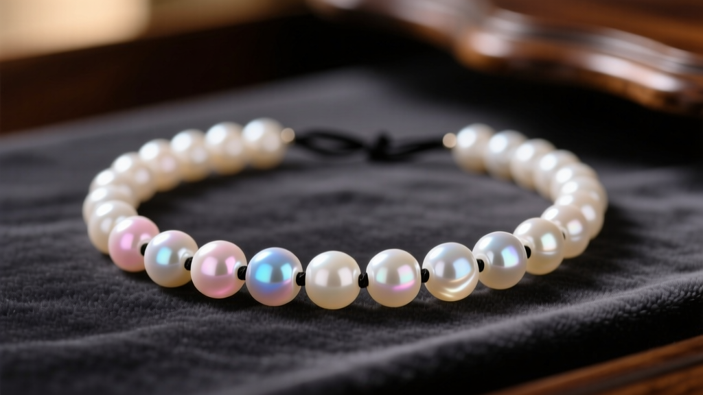 Close-up of a vintage mother of pearl bead necklace with creamy iridescent round beads on dark velvet under soft warm light