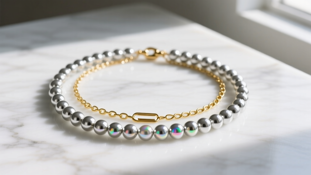 Flatlay of a layered 90s add-a-bead silver necklace mixed with a delicate 14k gold filled paperclip chain on a marble surface.