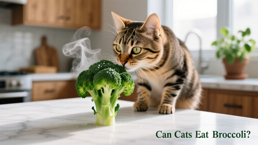 A curious cat gently sniffing a single, cooled, steamed broccoli floret placed on a clean surface