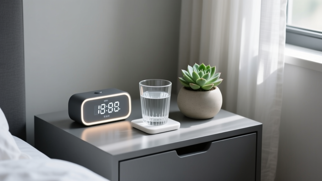 Minimalist nightstand with a sleek dark gray smart alarm clock glowing softly next to a glass of water and a small succulent.