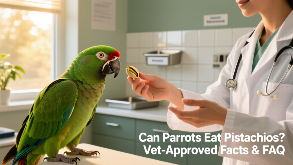A veterinarian gently offering a shelled pistachio to a curious green-winged macaw during a wellness checkup