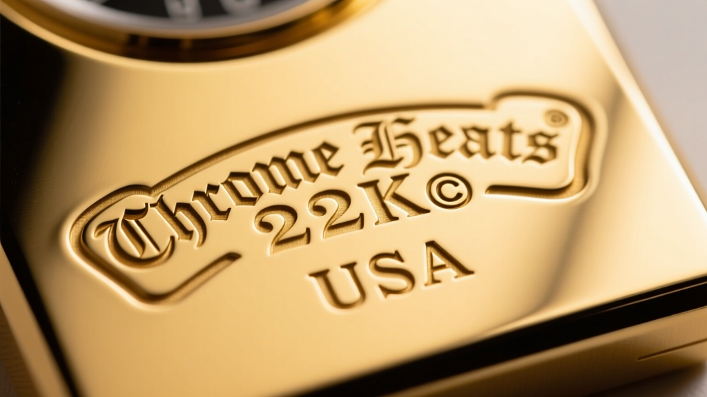 Macro photo of Chrome Hearts hallmark showing crisp 22K, copyright symbol, and USA markings on a brushed yellow gold surface.