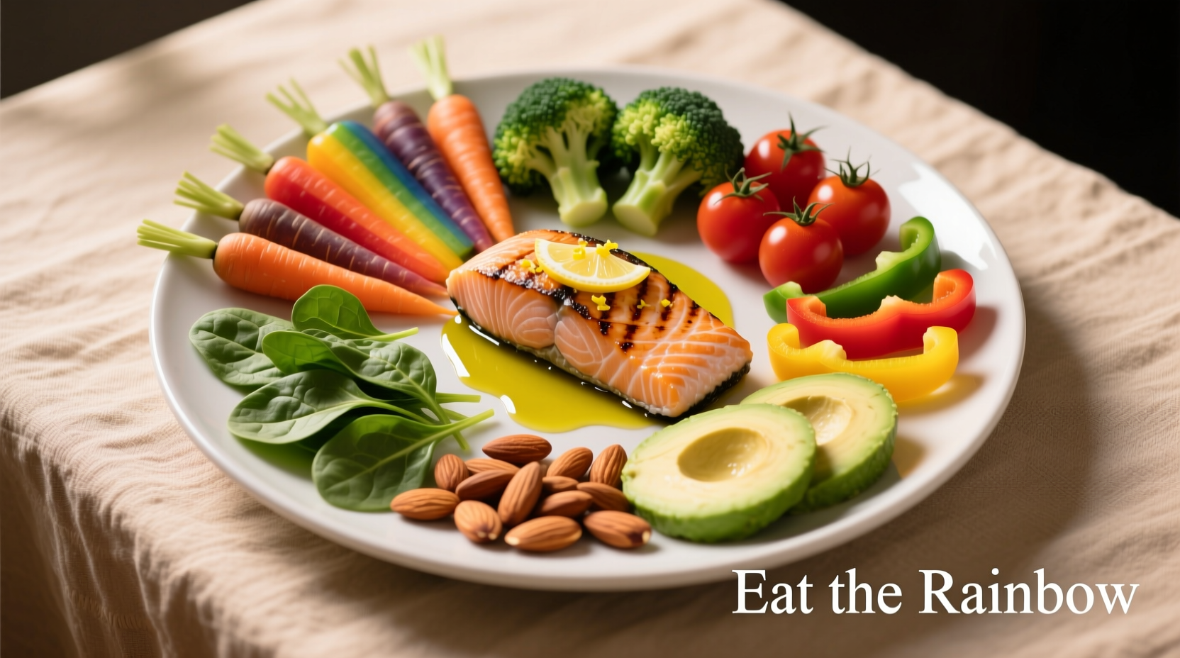 Colorful plate of vegetables, lean protein, and healthy fats