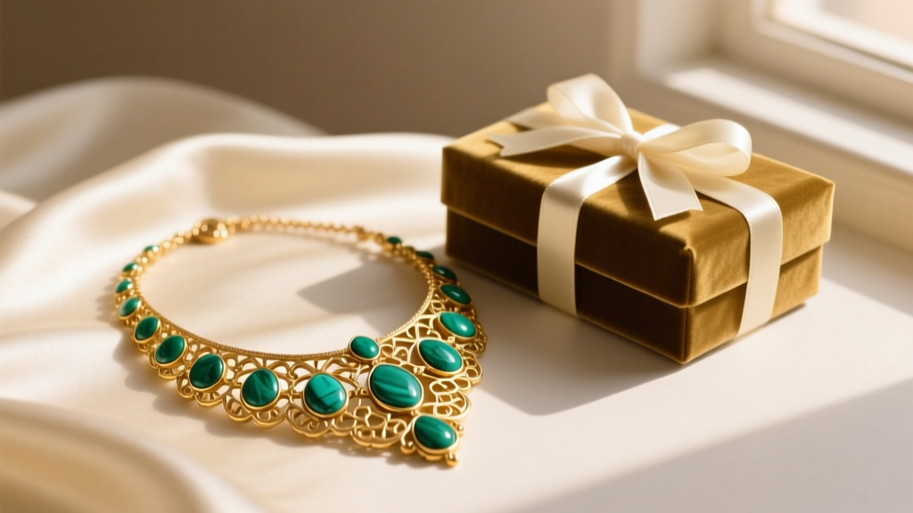 Gold and malachite Vintage Alhambra necklace resting on cream silk next to a wrapped velvet gift box in warm light