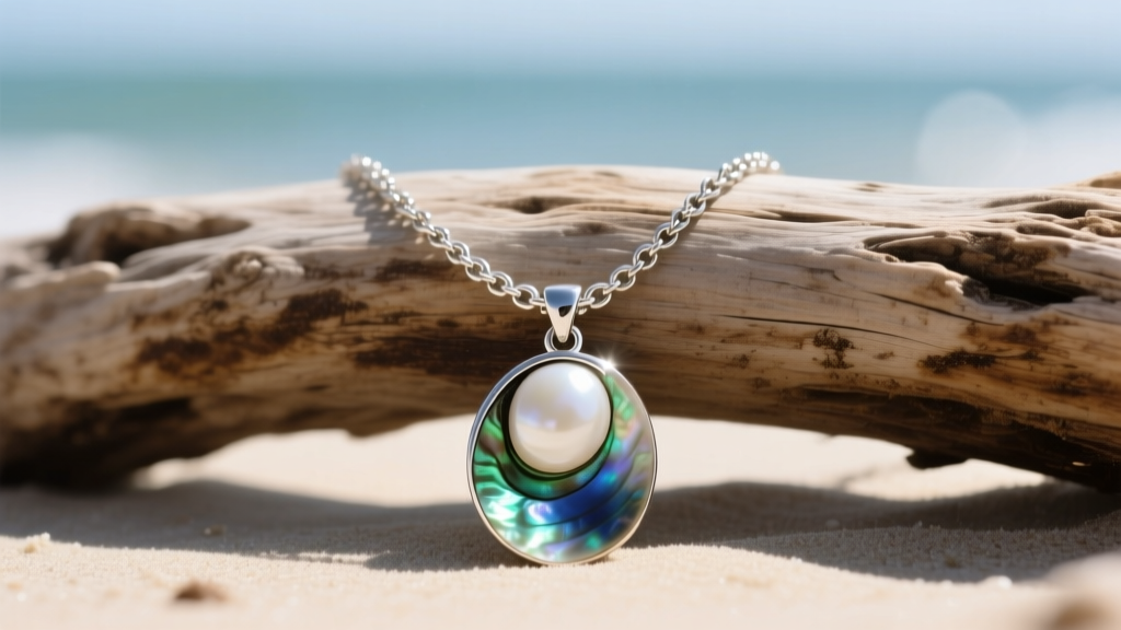 Tarnished silver sea charm necklace with an abalone shell pendant resting on weathered driftwood under bright natural sunlight