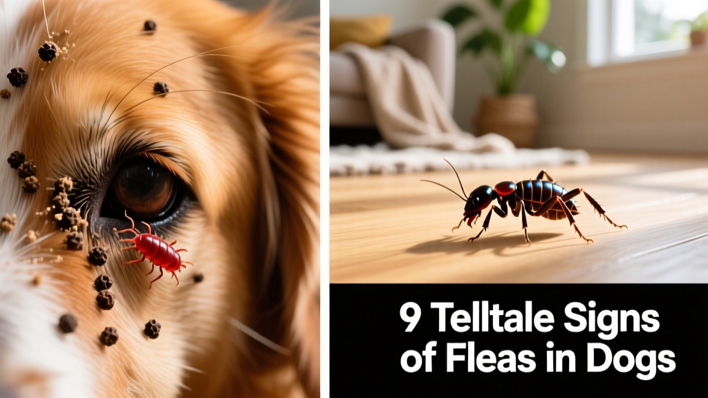 Side-by-side comparison showing flea dirt (dark specks) and actual fleas (tiny reddish-brown insects) on a dog's fur