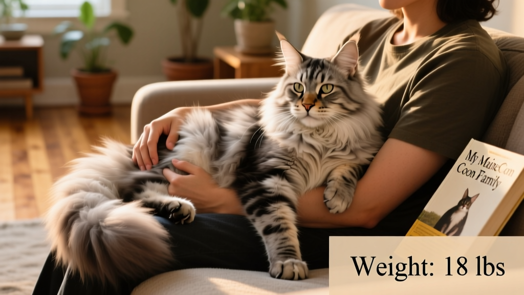 A Maine Coon lounging comfortably on a human’s lap, illustrating how their size translates to warmth and companionship without overwhelming presence