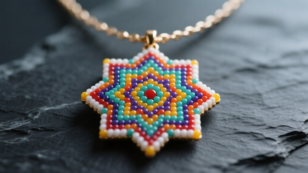 Macro shot of a flat-fused perler bead necklace with a geometric mandala pendant on dark slate under soft studio lighting.