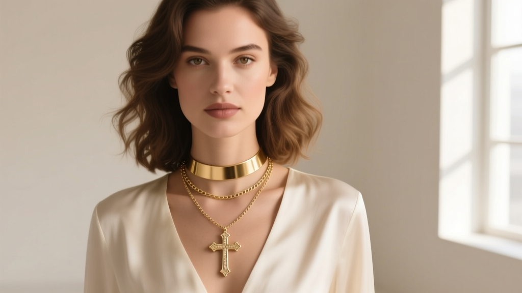 Woman wearing a layered stack with a delicate horizontal cross on a 16-inch box chain paired with a plain gold choker.