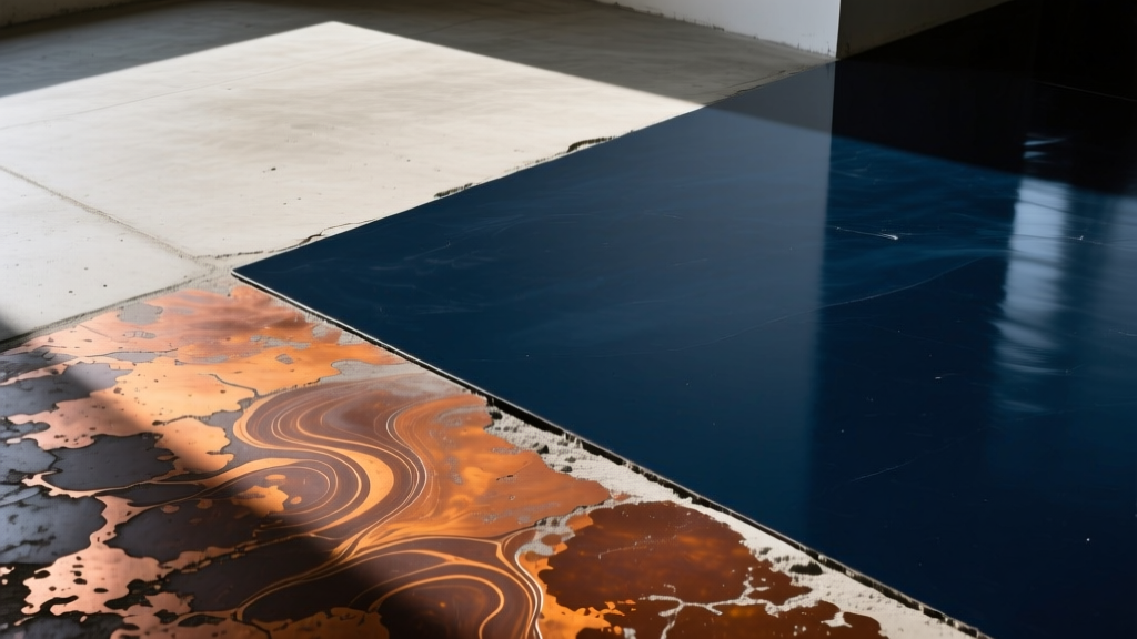 Close-up of a concrete floor showing a stark transition between a mottled copper acid stain and a uniform navy water-based acrylic stain