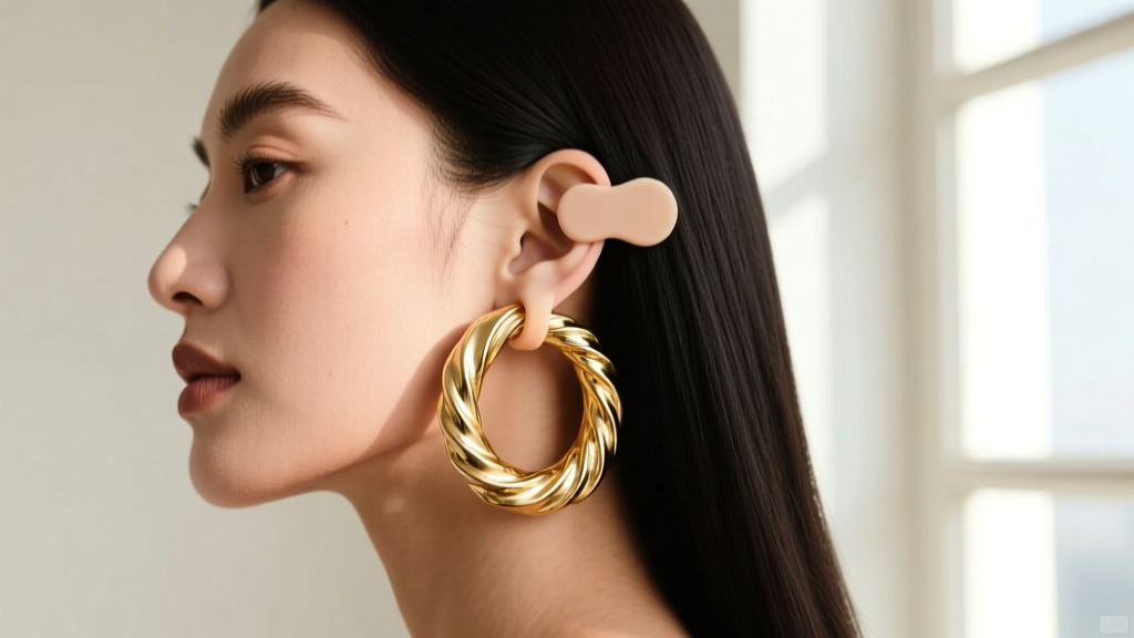 Side profile of woman wearing heavy textured gold hoops, showing clear silicone earring lifter patch supporting earlobe from behind.
