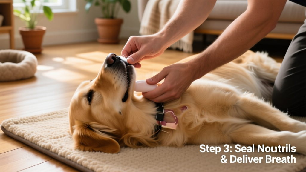 Demonstration of correct positioning for delivering rescue breaths to a dog, showing head extension and sealed nostrils