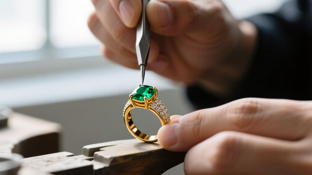 Macro photography of a jeweler's loupe examining a tiny 925 and Italy hallmark stamped on the brass clasp of a thick silver chain