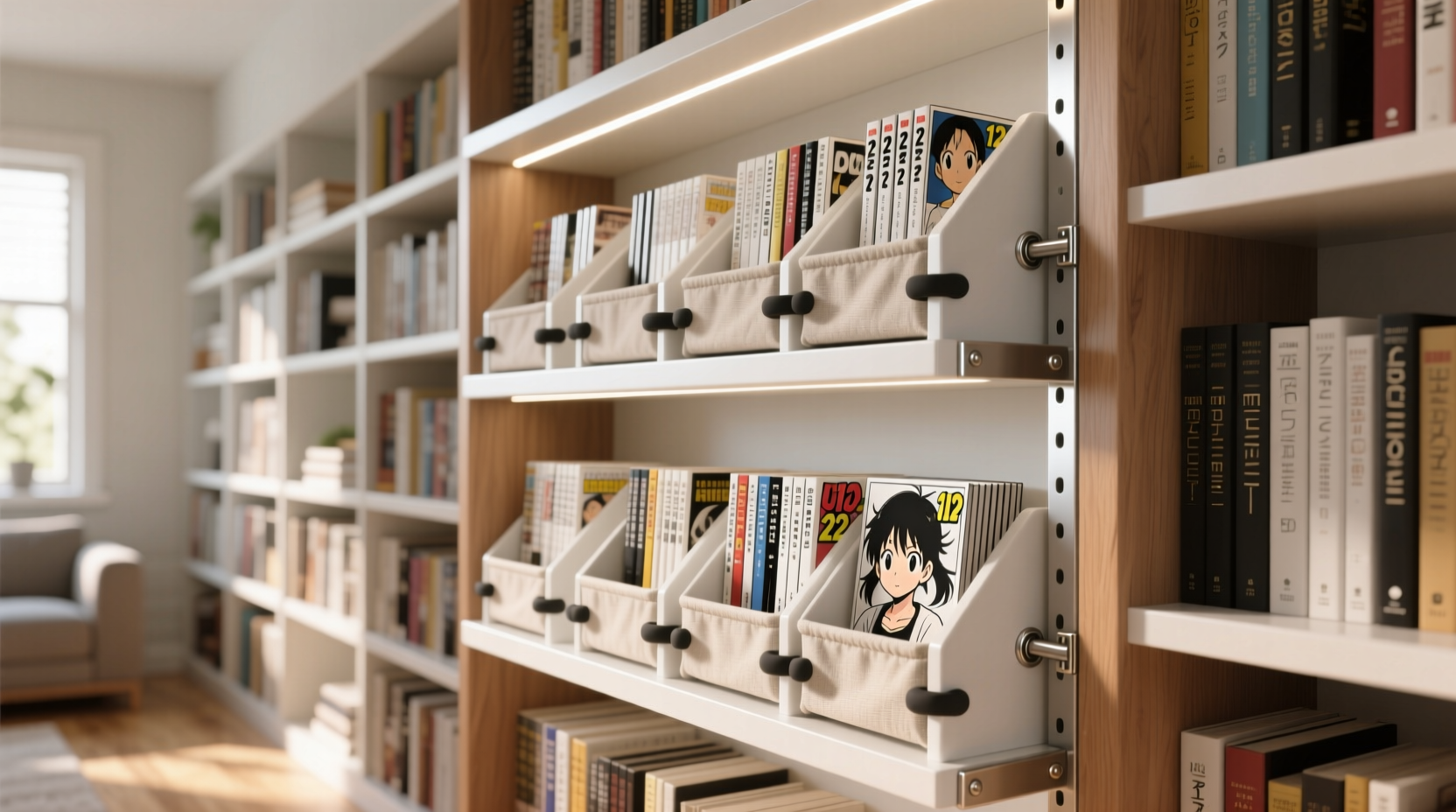manga storage vertical shelf system for collectibles