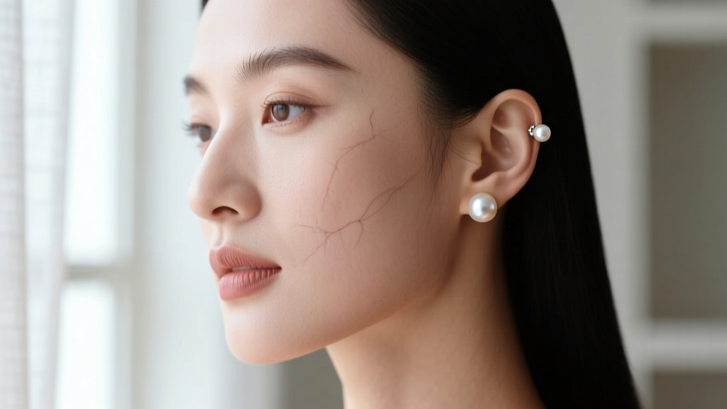Profile of a woman wearing 12mm pearl studs, showing the heavy gem sitting flat against her earlobe in soft natural window light