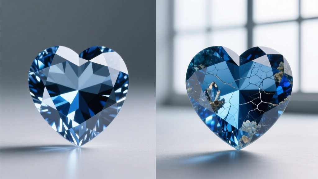 Side-by-side macro comparison of lab-created and natural sapphire heart cuts, highlighting internal inclusions and color zoning