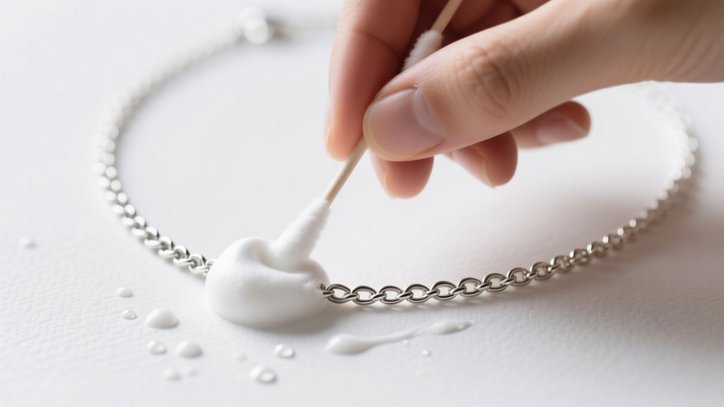 Hands gently applying a non-abrasive silver polishing foam to a delicate silver-plated chain necklace using a soft cotton swab.