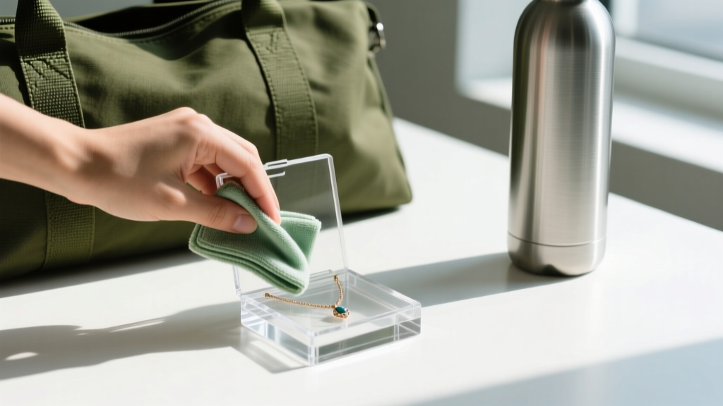 Hands wiping a clear polycarbonate sports jewelry holder with a microfiber cloth next to a canvas gym bag and steel water bottle.