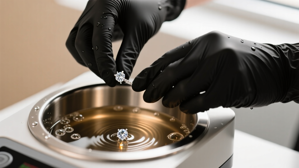 Hands in black nitrile gloves placing diamond studs into a stainless steel ultrasonic jewelry cleaner filled with warm soapy water.