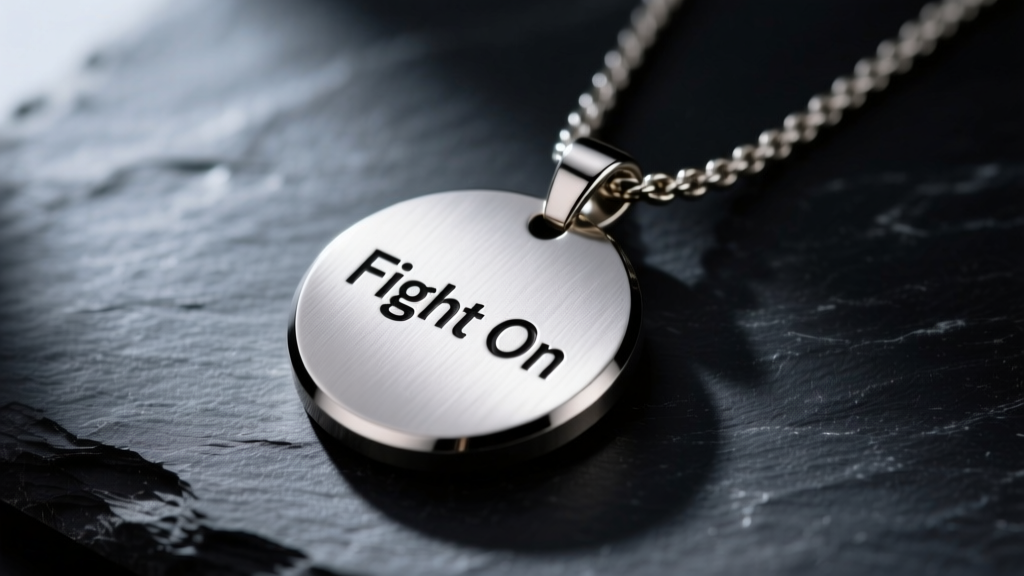 Macro shot of a brushed titanium Fight On pendant on dark slate, with side lighting highlighting the engraved text.