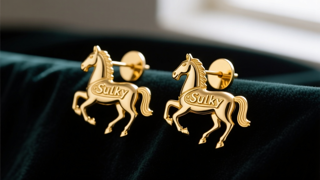 Close-up of vintage 1980s Celine gold-plated brass clip-on earrings featuring the iconic Sulky horse motif against dark velvet.