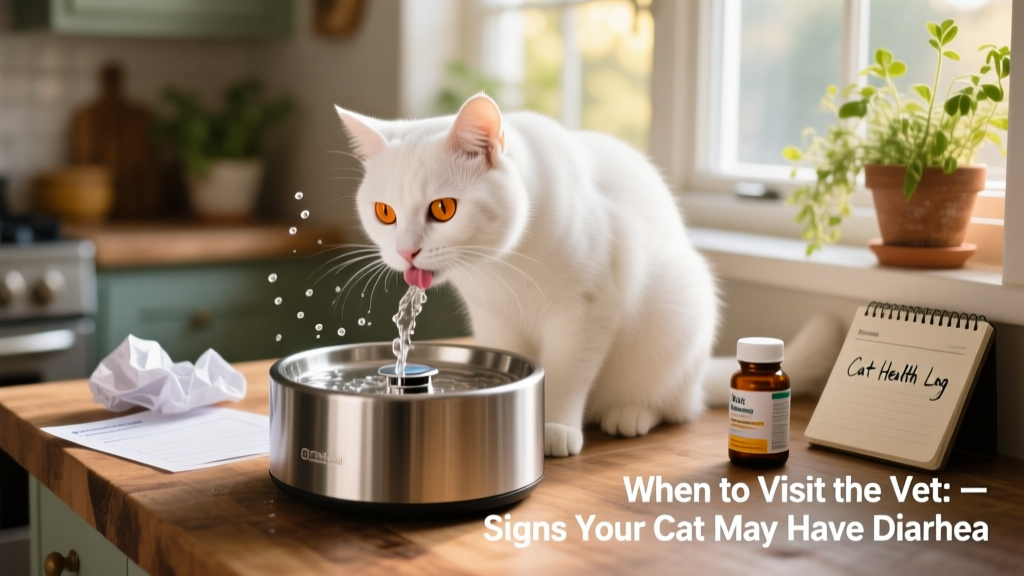 Cat drinking from a stainless-steel pet fountain with clear water flowing gently