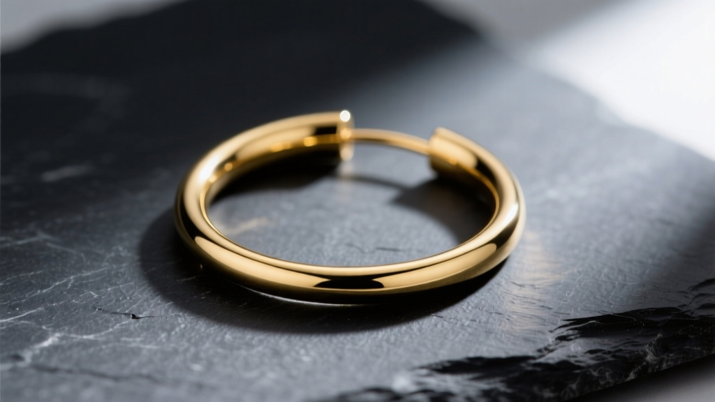 Macro photo of a 14k yellow gold 18-gauge seamless continuous hoop earring resting on dark slate, highlighting the smooth wire.