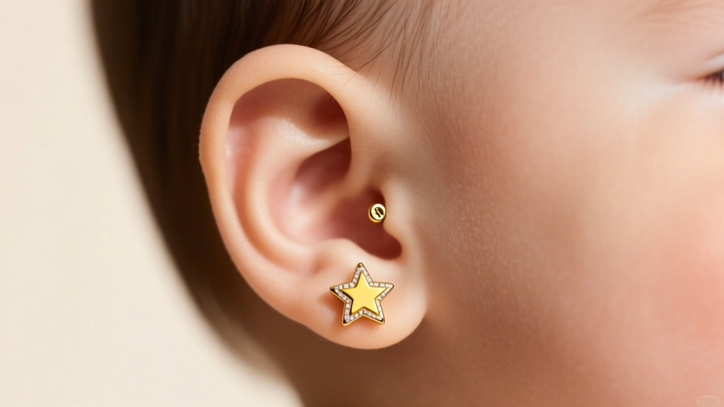 Toddler ear wearing a tiny 14k yellow gold bezel-set star stud with a secure screw-back mechanism, soft natural lighting