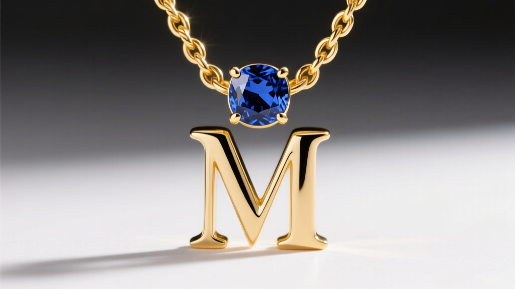 Close-up of a 14k yellow gold cable chain connecting to a bezel-set sapphire birthstone and a polished serif letter M pendant