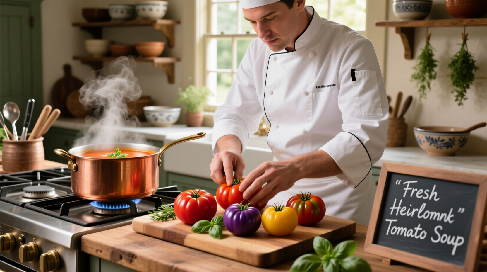 Chef preparing fresh tomato soup with heirloom tomatoes