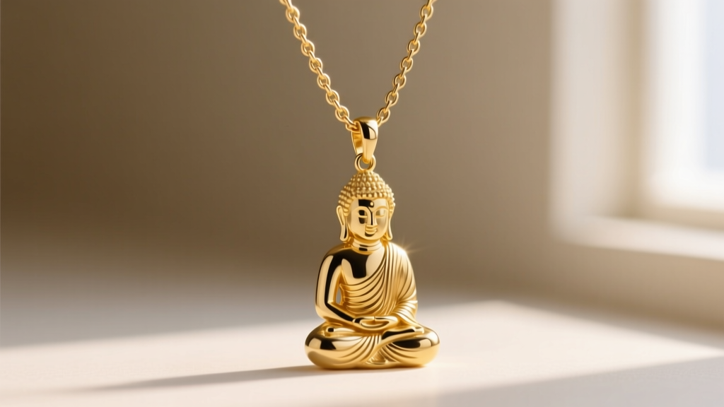 Close-up of 18k gold Buddha pendant on a woven 2.5mm wheat chain, demonstrating secure bail engineering and natural drape.