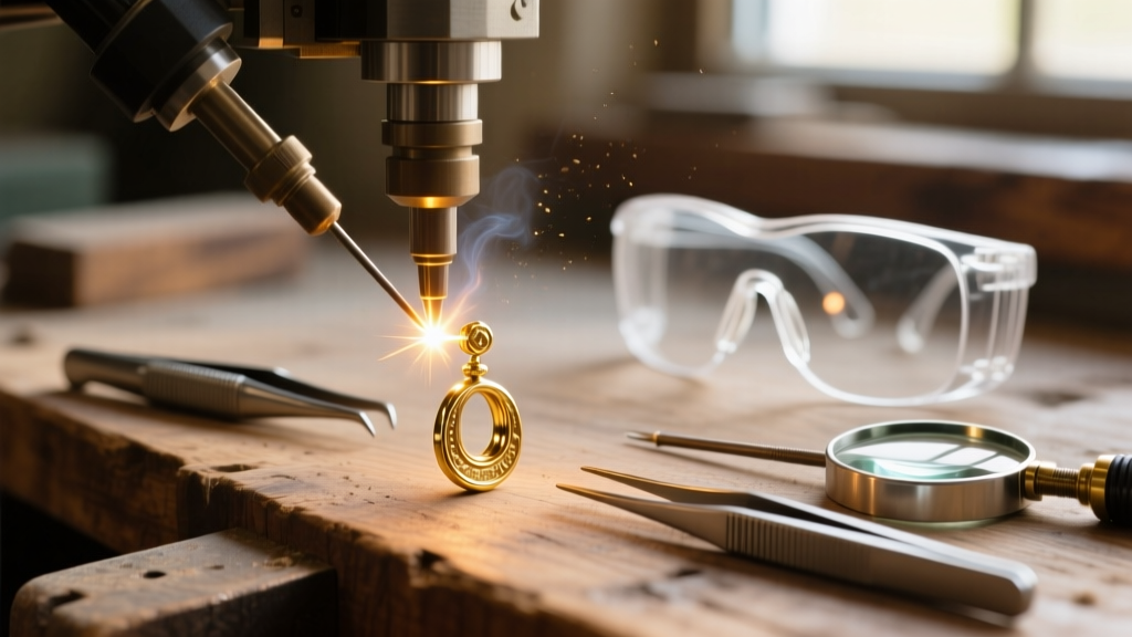Macro view of a laser welder repairing a vintage 14k gold earring post, with safety glasses and tools on a wooden workbench.