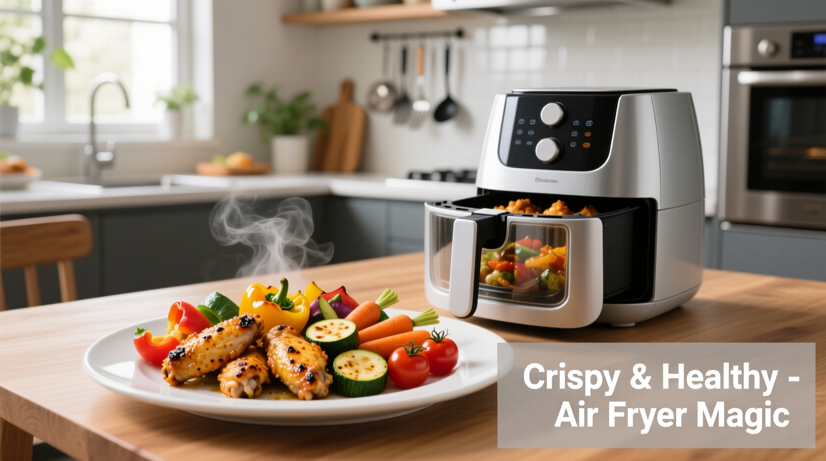 Variety of air fryer cooked foods including chicken wings and vegetables