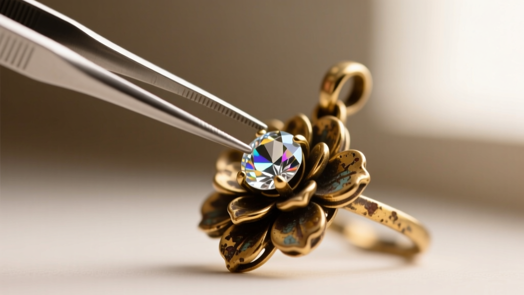 Fine tweezers placing a 4mm glass rhinestone into the empty prong setting of a tarnished brass floral costume jewelry pendant.