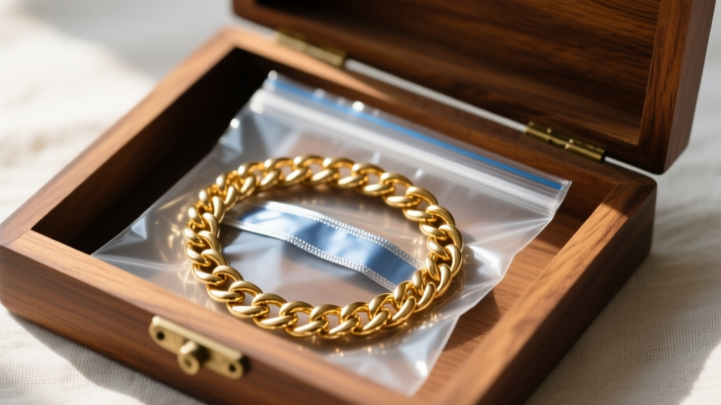 Coiled 24-inch gold vermeil chain stored in a plastic bag with an anti-tarnish strip, resting inside an open wooden jewelry box.