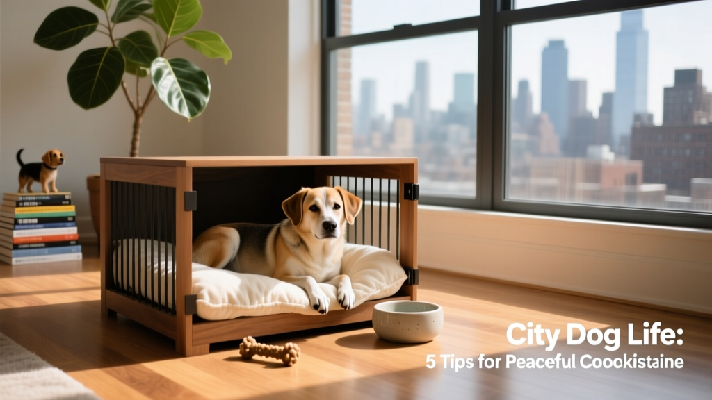 Calm dog resting in a well-appointed crate with soft bedding, chew toy, and water bowl nearby