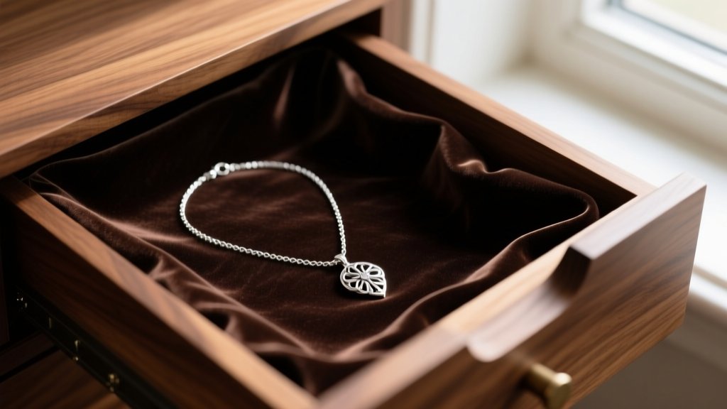 Dark brown Pacific Silvercloth lining inside a custom wooden drawer, with a pristine silver necklace resting on the fabric.