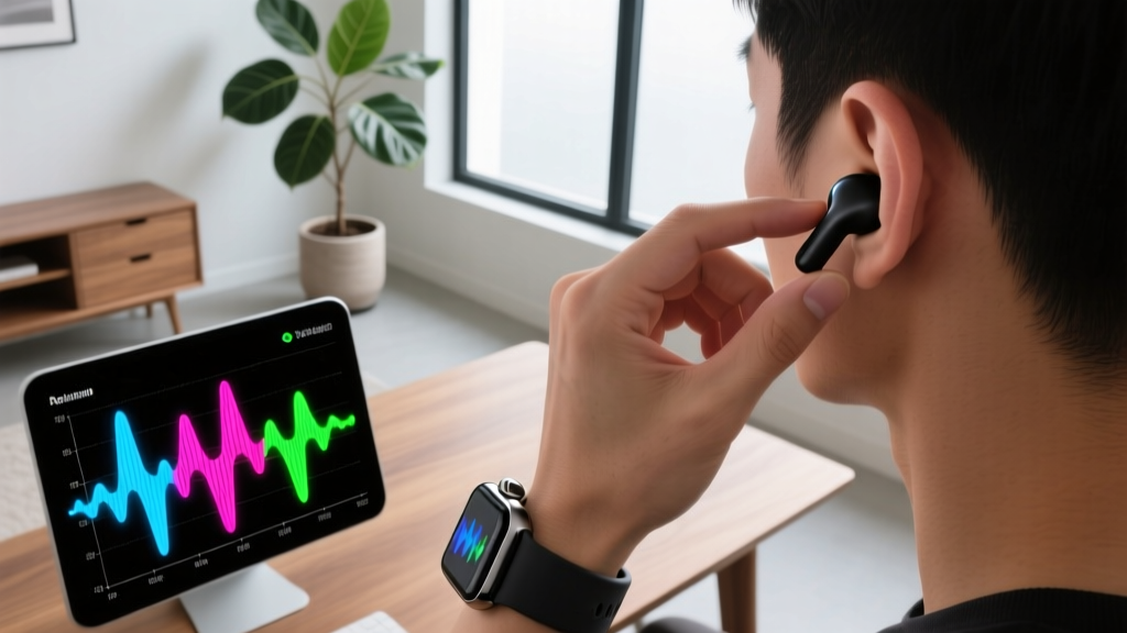 An overhead shot of a user adjusting earbud fit while looking at an audio EQ graph on a smartwatch display in a modern home office.