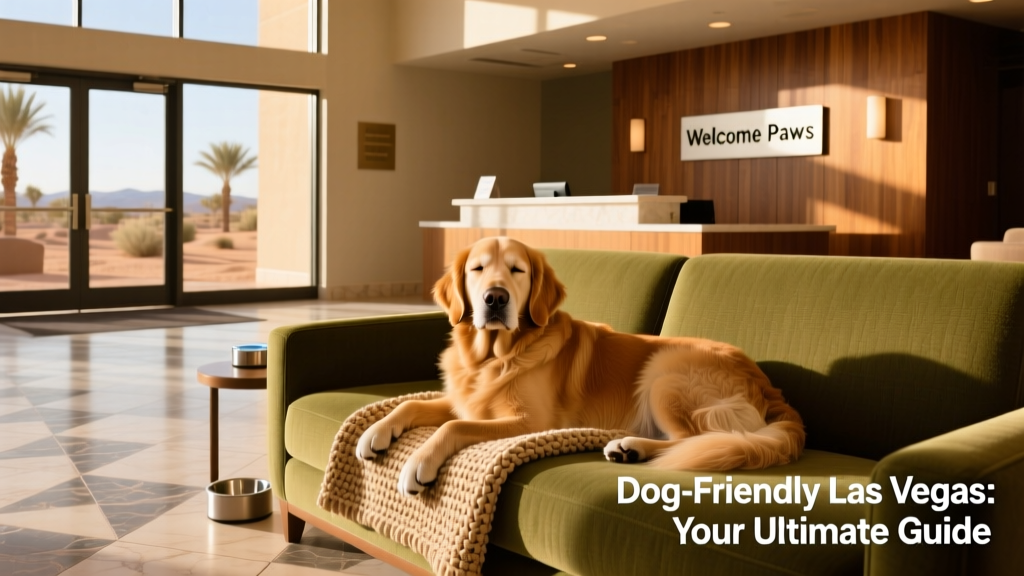A dog relaxing beside a cozy green couch in a dog-friendly Las Vegas hotel lobby