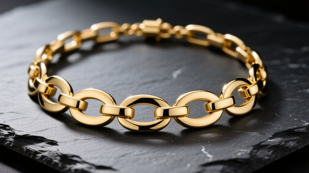 18k yellow gold President link necklace chain on dark slate, showcasing the five-piece semi-circular links and high-polish finish.