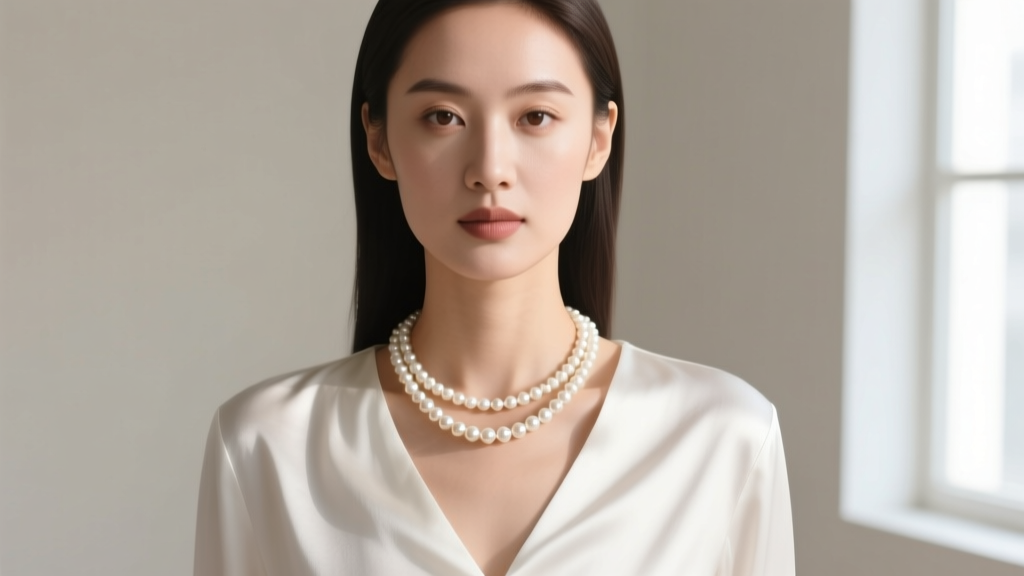 Woman wearing an 18 inch pearl necklace with a white silk blouse, showing the princess length resting just below the collarbone
